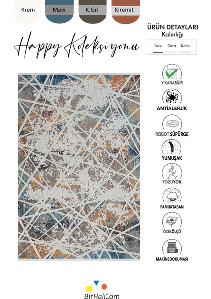 Happy Mavi Halı Çok Renkli Halı Geometrik Desen Halı Antialerjik Halı Salon Mutfak Halısı 160*230 indirimleri