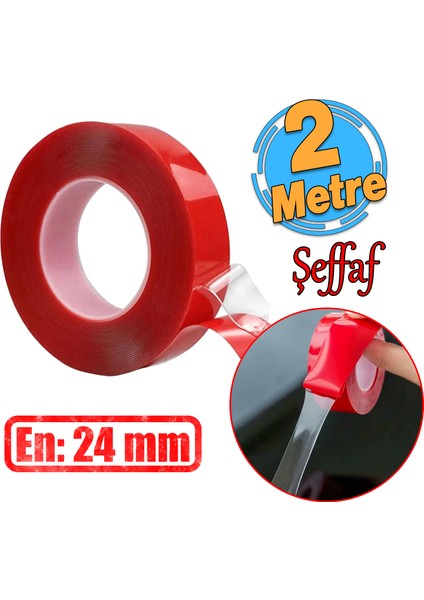 Çift Taraflı Silikon Bant Montaj Bandı Şeffaf 24 mm x 2 Metre Güçlü Çok Amaçlı Yapıştırıcı 1 Adet