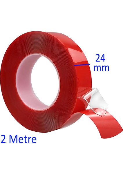 Çift Taraflı Silikon Bant Montaj Bandı Şeffaf 24 mm x 2 Metre Güçlü Çok Amaçlı Yapıştırıcı 1 Adet
