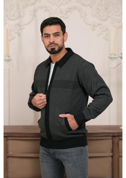 Polo Yaka Fermuar Kapamalı Klasik Kesim Astarlı Desenli Çelik Örgü Hırka fiyatları