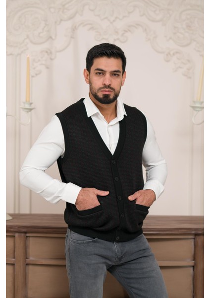 Regular Fit Ön Cepli Desenli Kolsuz Erkek Triko Yelek