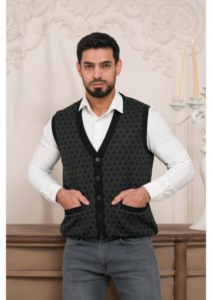 Regular Fit Ön Cepli Desenli Kolsuz Erkek Triko Yelek