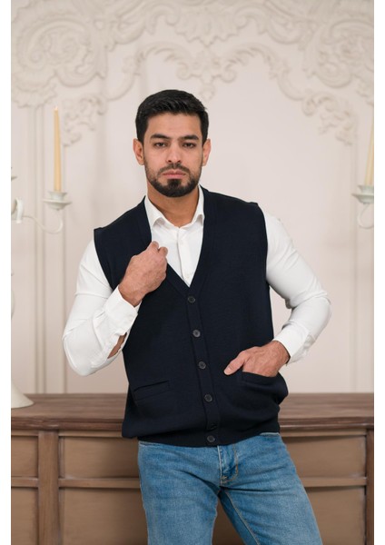 Regular Fit Ön Cepli Kolsuz Erkek Triko Yelek