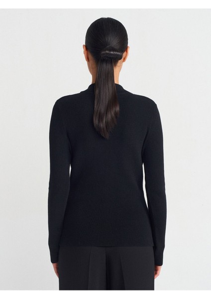 Kadın Dik Yaka Çıtçıtlı Triko Siyah Kazak - 10686 fiyatları