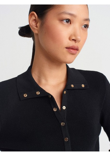 Kadın Dik Yaka Çıtçıtlı Triko Siyah Kazak - 10686 modelleri