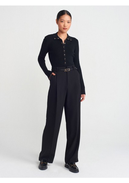 Kadın Dik Yaka Çıtçıtlı Triko Siyah Kazak - 10686 fırsatları