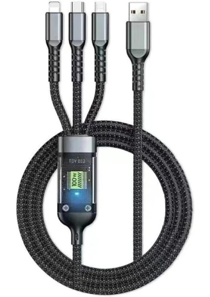 ELİT81 100W Şarj Kablosu 3in1 LED Li Samsung Huawei Xiaomi Type-C Sağlam Hızlı Şarj Data USB Kablosu Koruyu
