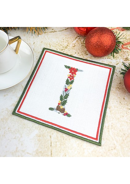 Beyaz Renkli I Harfi Christmas Yılbaşı Temalı Nakışlı Kokteyl Peçetesi