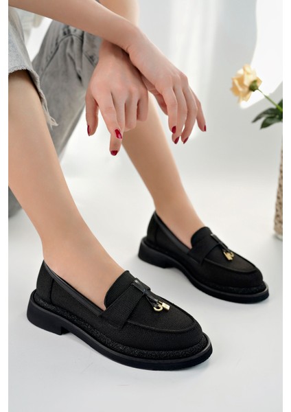 Loressa Model Siyah Keten Kadın Loafer Günlük Ayakkabı