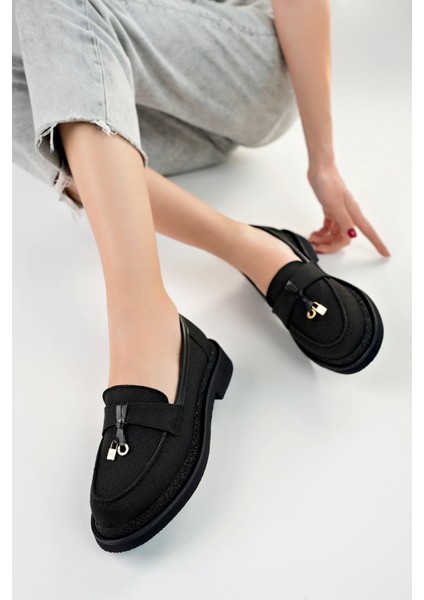Loressa Model Siyah Keten Kadın Loafer Günlük Ayakkabı
