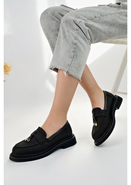 Loressa Model Siyah Keten Kadın Loafer Günlük Ayakkabı