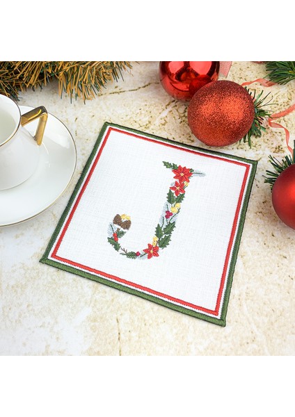 Beyaz Renkli J Harfi Christmas Yılbaşı Temalı Nakışlı Kokteyl Peçetesi