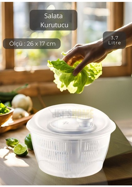Salata Kurutucu Kilitli Kapak Sebze Kurutucu Bpa Free Yeşillik Yıkama Kurutma Kabı 3,7 Litre