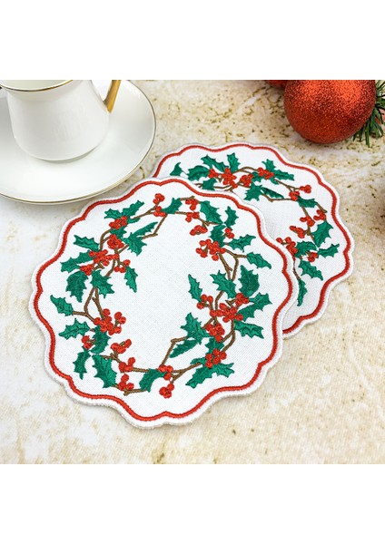Beyaz Renkli Christmas Yılbaşı Temalı Kokina Nakışlı 2'li Set Kokteyl Peçetesi