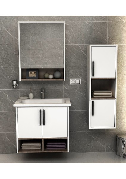 Legna 65 cm Beyaz-Ahşap Renkli Mdf, Seramik Lavabolu Alt - Üst ve Boy Dolaplı Banyo Dolabı Seti
