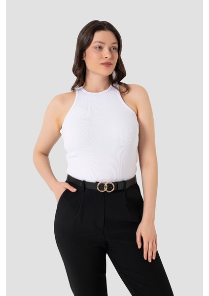 Kadın Pamuklu Fitilli Görünümlü Halter Yaka Basic Beyaz Atlet