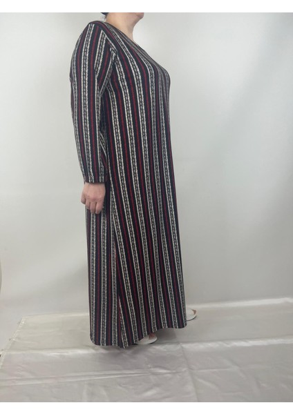 Kadın Siyah Kırmızı Bej Desenli V Yaka Uzun Kollu Kol Bilekleri Lastikli Süet Mevsimlik Anne Elbise