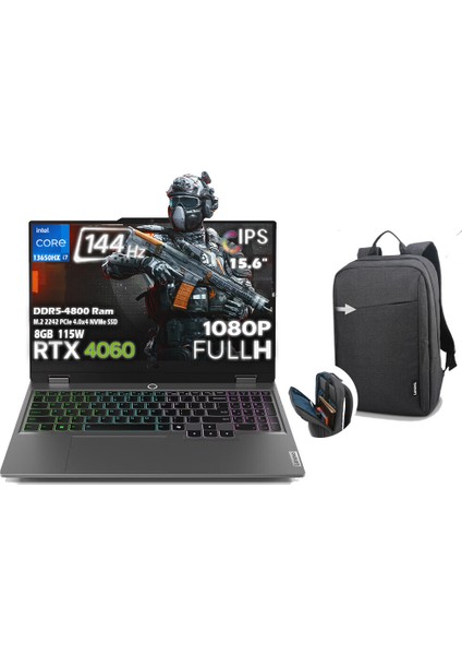 Loq 15IRX9 Intel Core I7 13650HX 16GB 512GB SSD 8gb Nvıdıa Geforce Rtx 4060 (115W) 15.6" Fhd IPS Panel Freedos Taşınabilir Dizüstü Bilgisayar 83DV00WTTR H5 + B210 Siyah Çanta
