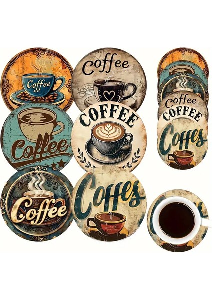 3 Adet Vintage Coffee Ahşap Tasarım Bardak Altlığı Kahve Fincan Çay Tabak Kupa Altı 10 cm Çaplı