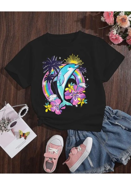 Kıds Face Özel Tasarım Sevimli Yunus Balığı Baskılı Şık Kız Çocuk Summer T-Shırt