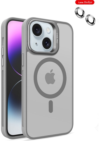 iPhone 15 Plus Stantlı Kılıf Lens Korumalı Kılıf Mat Magsafe Özellikli Kılıf - Gri