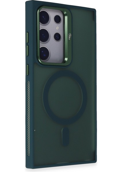 Samsung Galaxy S24 Ultra Stantlı Kılıf Lens Korumalı Kılıf Mat Magsafe Özellikli Kılıf - Koyu Yeşil