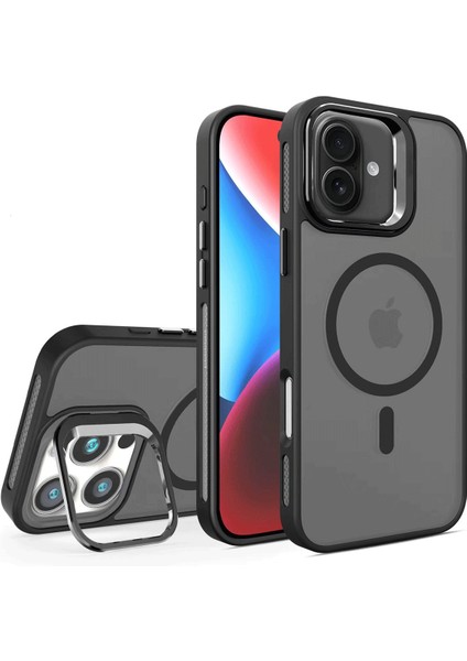 iPhone 16 Plus Stantlı Kılıf Lens Korumalı Kılıf Mat Magsafe Özellikli Kılıf - Siyah