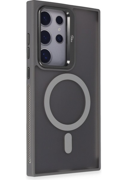 Samsung Galaxy S24 Ultra Stantlı Kılıf Lens Korumalı Kılıf Mat Magsafe Özellikli Kılıf - Gri