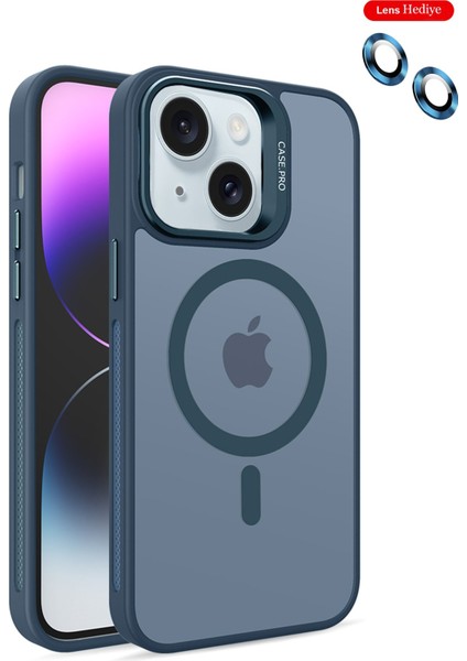 iPhone 15 Kılıf Stantlı Kılıf Lens Korumalı Kılıf Mat Magsafe Özellikli Kılıf - Lacivert