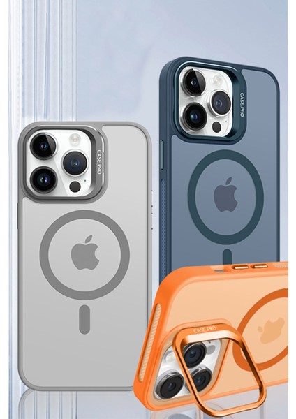 iPhone 15 Kılıf Stantlı Kılıf Lens Korumalı Kılıf Mat Magsafe Özellikli Kılıf - Lacivert