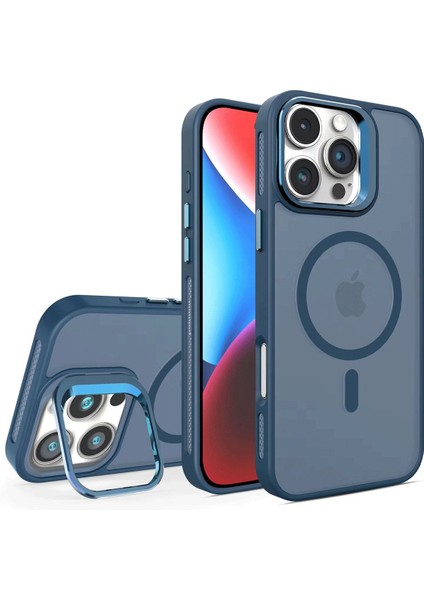 iPhone 16 Pro Max Stantlı Kılıf Lens Korumalı Kılıf Mat Magsafe Özellikli Kılıf - Lacivert