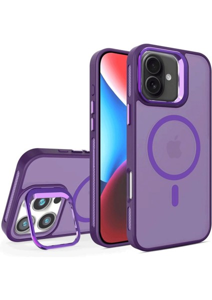 iPhone 16 Plus Stantlı Kılıf Lens Korumalı Kılıf Mat Magsafe Özellikli Kılıf - Derin Mor