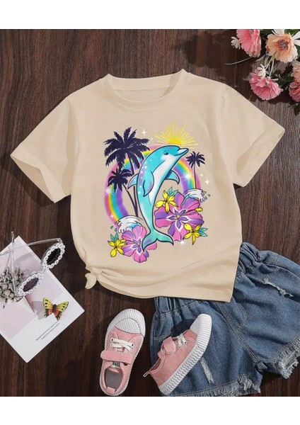 Kıds Face Özel Tasarım Sevimli Yunus Balığı Baskılı Şık Kız Çocuk Summer T-Shırt