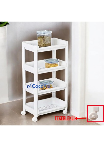 Tekerlekli Dekoratif 4 Katlı Banyo Rafı - 4 Katlı Mutfak Düzenleyici - 4 Katlı Raf Ünitesi Beyaz