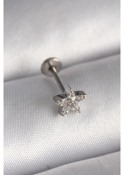 Çelik Gümüş Renk Zirkon Taşlı Yıldız Model Tragus Piercing