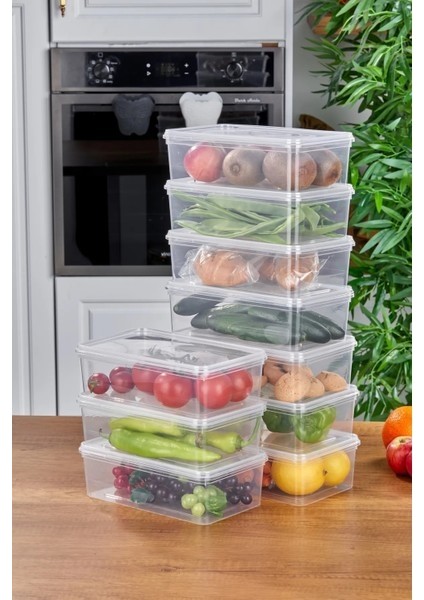 10'lu Buzdolabı Organizer Kendinden Kapaklı Mikrodalga Difrize Uygun 1300 ml Dikdörtgen Saklama Kabı