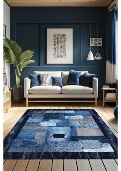 Patchwork Denim Görünümlü Dijital Baskı Kaymaz Tabanlı Oturma Odası ve Genç Odası Halısı