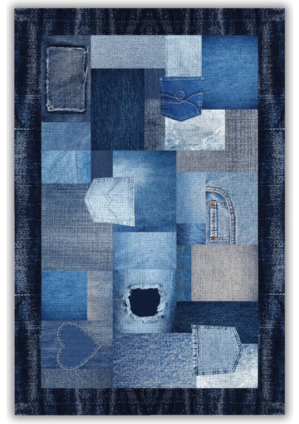 Patchwork Denim Görünümlü Dijital Baskı Kaymaz Tabanlı Oturma Odası ve Genç Odası Halısı