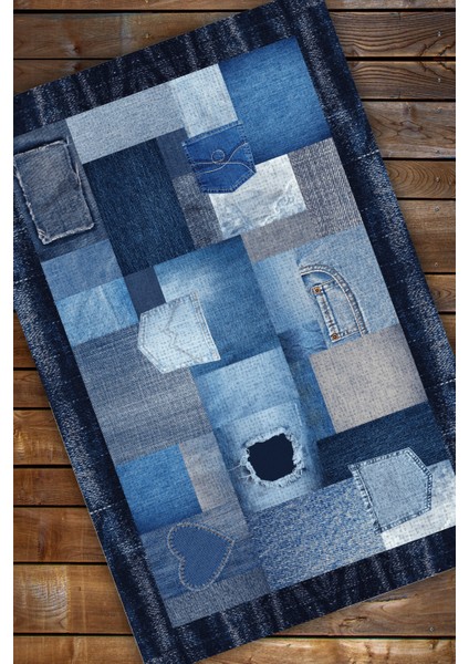 Patchwork Denim Görünümlü Dijital Baskı Kaymaz Tabanlı Oturma Odası ve Genç Odası Halısı