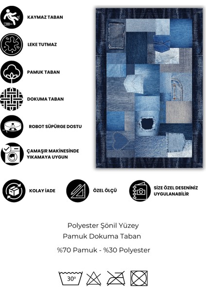 Patchwork Denim Görünümlü Dijital Baskı Kaymaz Tabanlı Oturma Odası ve Genç Odası Halısı