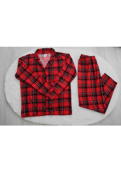 Kadın Ekoseli Düğmeli Süet Kırmızı Pijama Takımı fiyatları