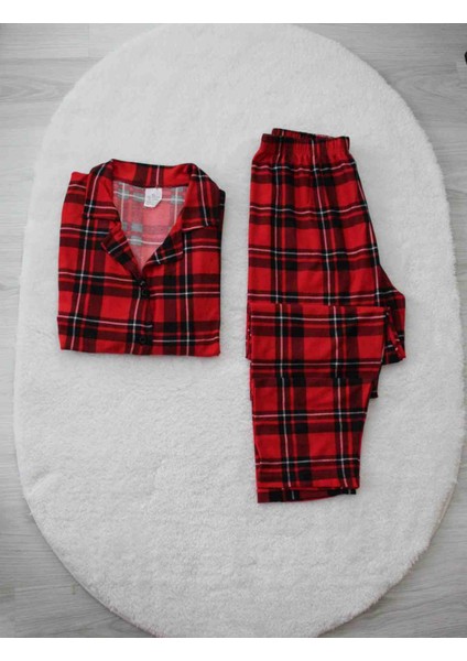 Kadın Ekoseli Düğmeli Süet Kırmızı Pijama Takımı