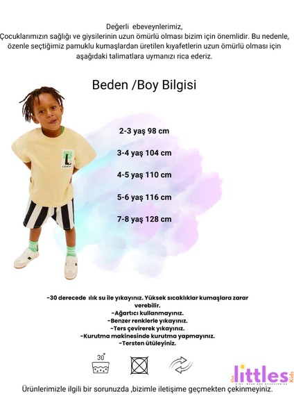 Erkek Çocuk Çizgili Şortlu Beli Lastikli Bağcıklı Ayarlanabilir Pamuklu Sarı Renk Alt Üst Ikili Takım