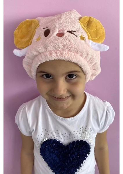 Pembe Renk Fare Figürlü Saç Havlusu/bonesi Lastikli