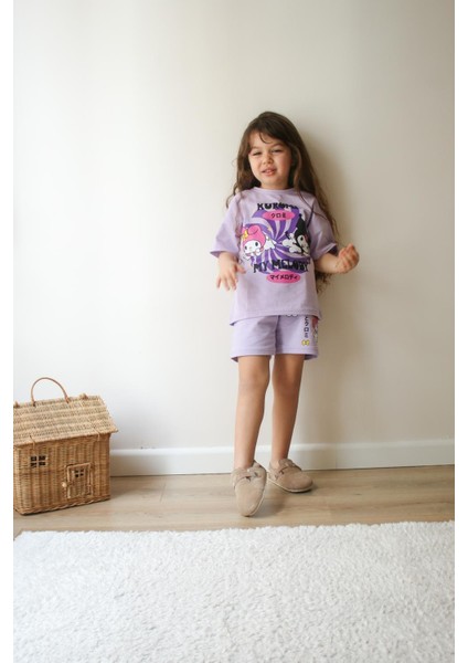 Kız Çocuk Kuromi Baskılı Beli Ayarlanabilir Lastikli Bağcıklı Pamuklu Mor Renk Alt Üst Ikili Takım