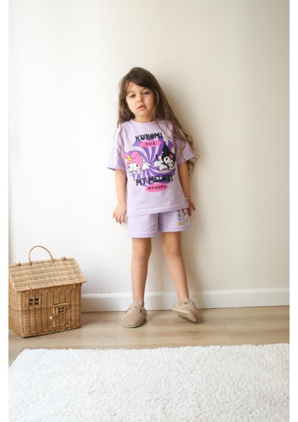 Kız Çocuk Kuromi Baskılı Beli Ayarlanabilir Lastikli Bağcıklı Pamuklu Mor Renk Alt Üst Ikili Takım fiyatları