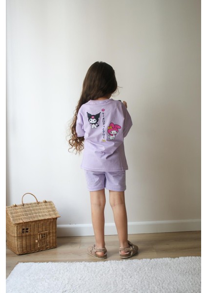 Kız Çocuk Kuromi Baskılı Beli Ayarlanabilir Lastikli Bağcıklı Pamuklu Mor Renk Alt Üst Ikili Takım modelleri