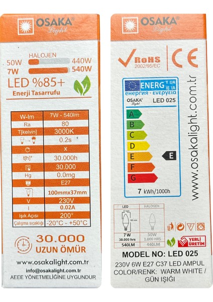 7W (50W) 3000K (Sarı) E27 Duylu (Kalın Duy) Mum LED Ampul