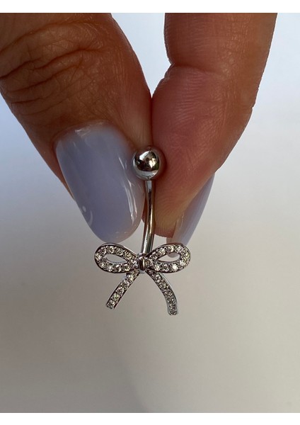 Çelik Göbek Piercing Zirkon Taşlı Gümüş Renk Fiyonk Kurdale Model