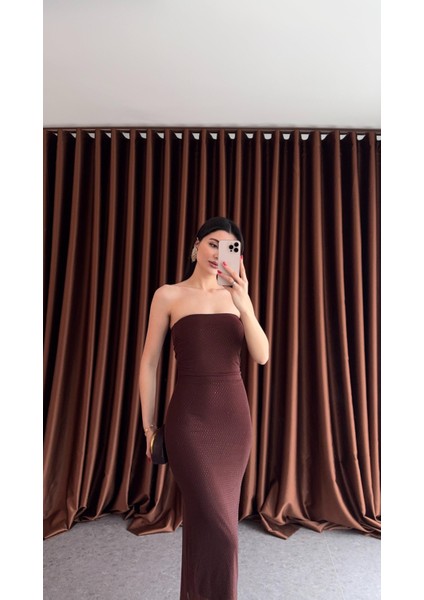 Taşlı Straplez Kahverengi Elbise